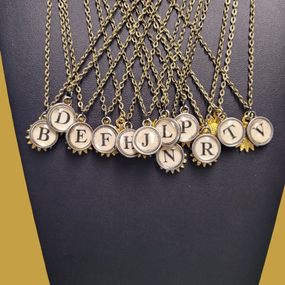 Vintage Typewriter Key (Tim Holtz) Initials Gold Plated Sunflower Charm Necklace - Picture 9 of 14